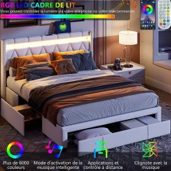 ProximaX Lit coffre 160x200 cm, capitonné lin, lit double avec 4 tiroirs, LED, USB & Type-C, sommier à lattes et tête de lit, Beige