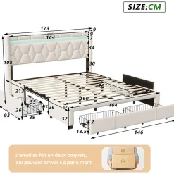 ProximaX Lit coffre 160x200 cm, capitonné lin, lit double avec 4 tiroirs, LED, USB & Type-C, sommier à lattes et tête de lit, Beige