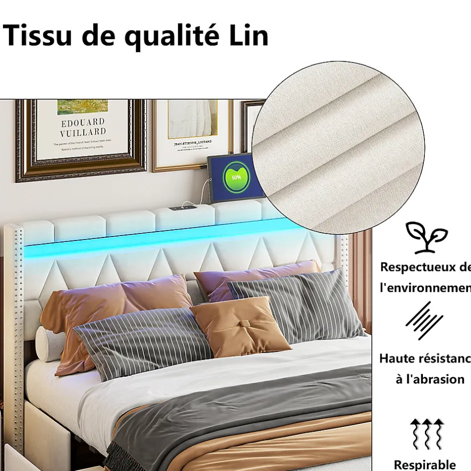 ProximaX Lit coffre 160x200 cm, capitonné lin, lit double avec 4 tiroirs, LED, USB & Type-C, sommier à lattes et tête de lit, Beige