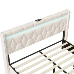 ProximaX Lit coffre 160x200 cm, capitonné lin, lit double avec 4 tiroirs, LED, USB & Type-C, sommier à lattes et tête de lit, Beige