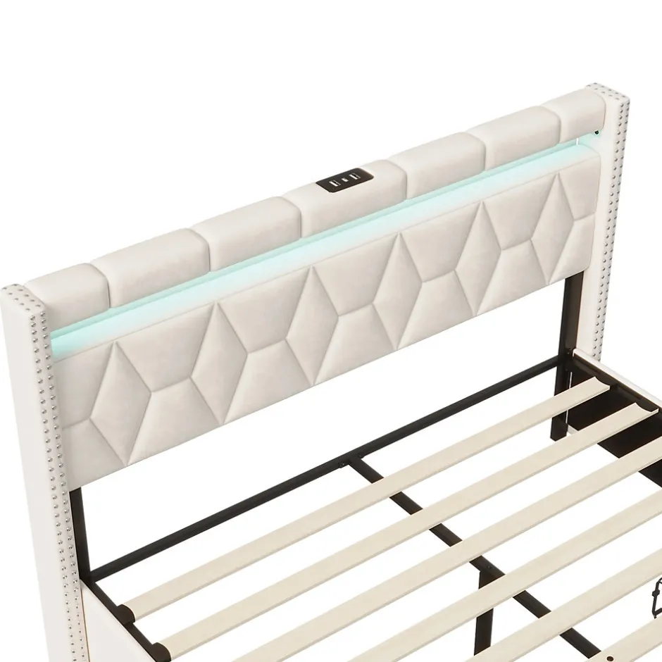 ProximaX Lit coffre 160x200 cm, capitonné lin, lit double avec 4 tiroirs, LED, USB & Type-C, sommier à lattes et tête de lit, Beige