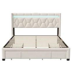 ProximaX Lit coffre 160x200 cm, capitonné lin, lit double avec 4 tiroirs, LED, USB & Type-C, sommier à lattes et tête de lit, Beige