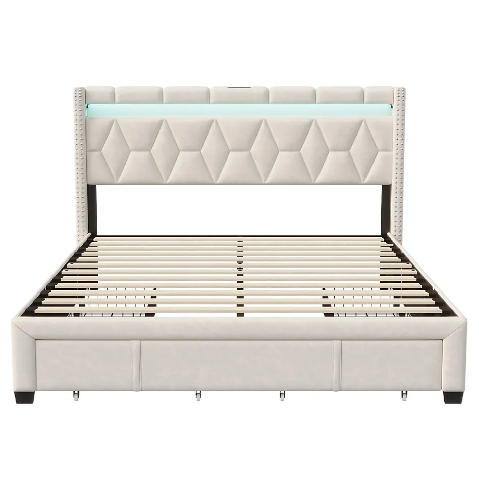 ProximaX Lit coffre 160x200 cm, capitonné lin, lit double avec 4 tiroirs, LED, USB & Type-C, sommier à lattes et tête de lit, Beige