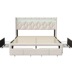 ProximaX Lit coffre 160x200 cm, capitonné lin, lit double avec 4 tiroirs, LED, USB & Type-C, sommier à lattes et tête de lit, Beige