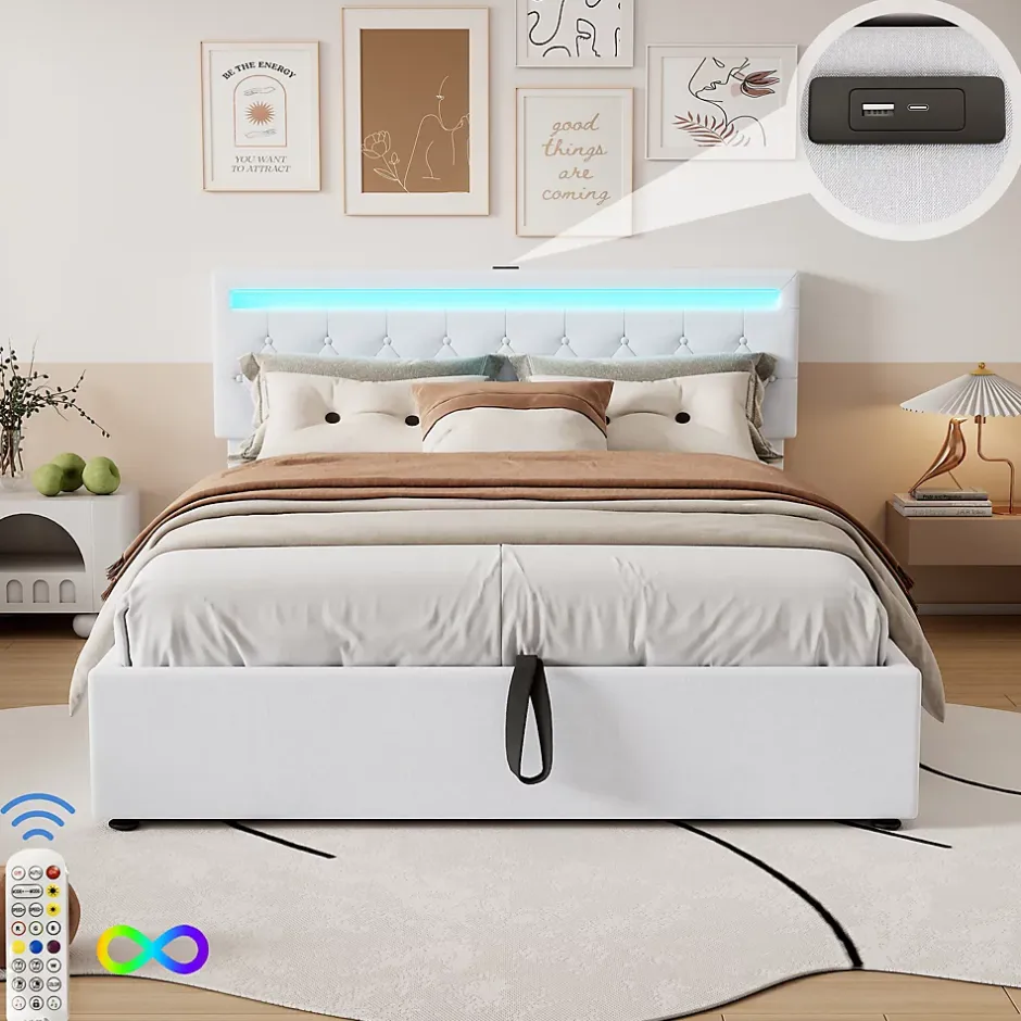 Generique Lit coffre 160x200 cm double adulte avec télécommande LED et ports USB-C, structure lin MDF blanc, sans matelas Hot