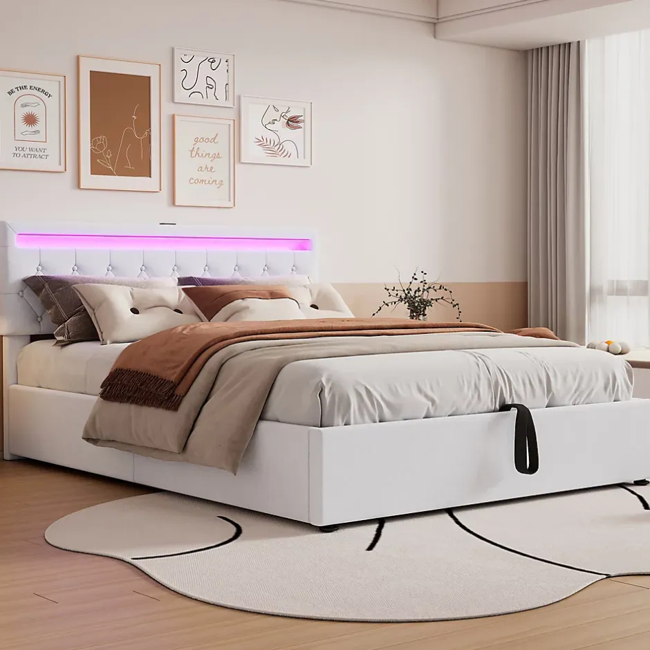 Generique Lit coffre 160x200 cm double adulte avec télécommande LED et ports USB-C, structure lin MDF blanc, sans matelas Hot