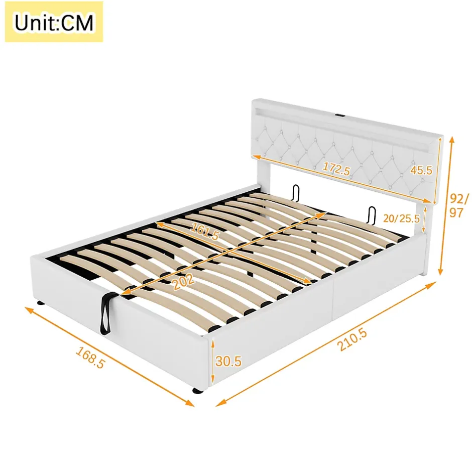 Generique Lit coffre 160x200 cm double adulte avec télécommande LED et ports USB-C, structure lin MDF blanc, sans matelas Hot