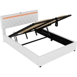 Generique Lit coffre 160x200 cm double adulte avec télécommande LED et ports USB-C, structure lin MDF blanc, sans matelas Hot
