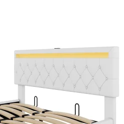 Generique Lit coffre 160x200 cm double adulte avec télécommande LED et ports USB-C, structure lin MDF blanc, sans matelas Hot