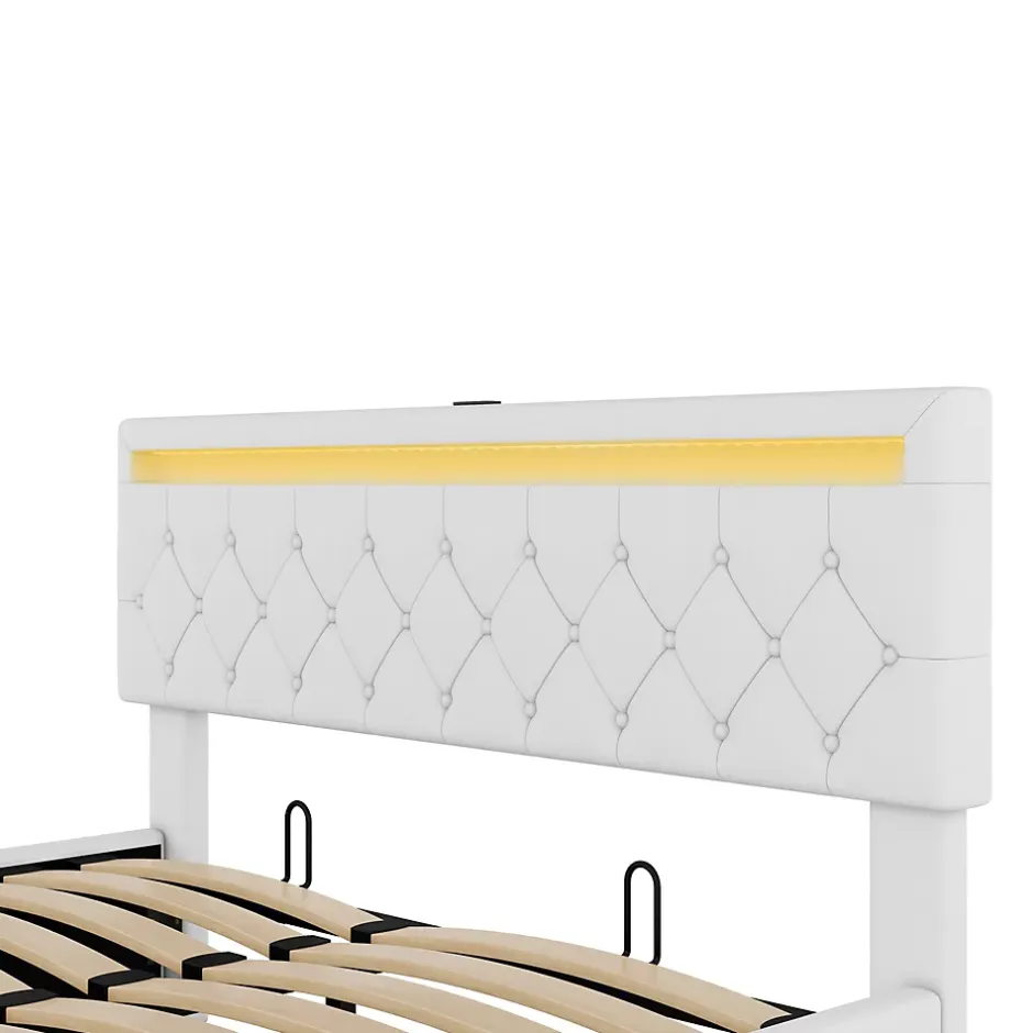 Generique Lit coffre 160x200 cm double adulte avec télécommande LED et ports USB-C, structure lin MDF blanc, sans matelas Hot