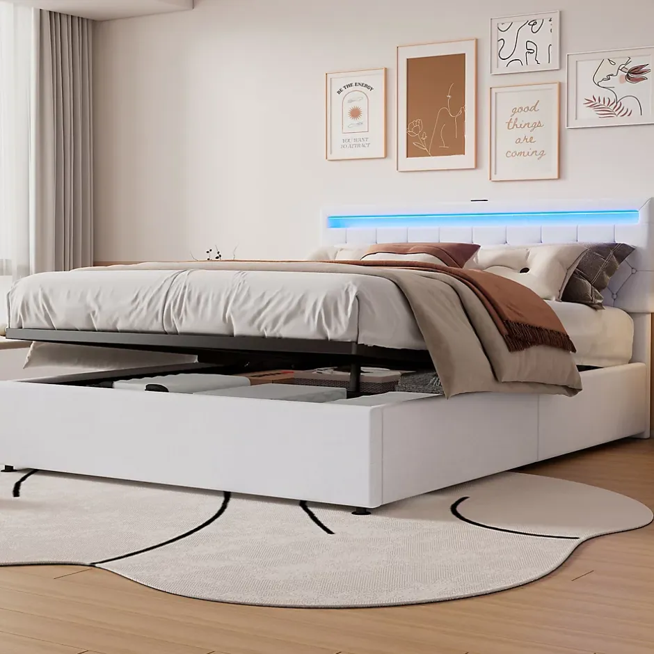 Generique Lit coffre 160x200 cm double adulte avec télécommande LED et ports USB-C, structure lin MDF blanc, sans matelas Hot