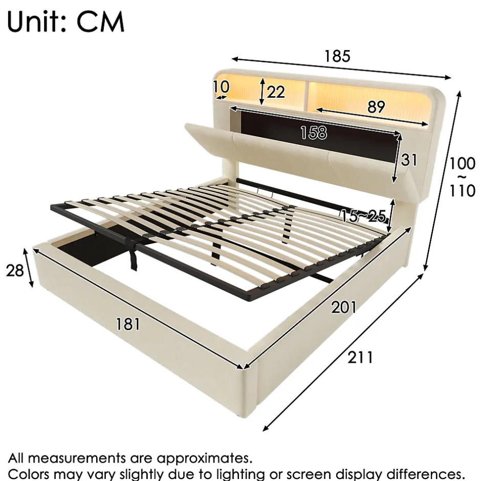 Okwish Lit coffre 180x200 cm double avec LED intégrée, tête de lit réglable, charge USB/Type-C, velours beige - Sans matelas New