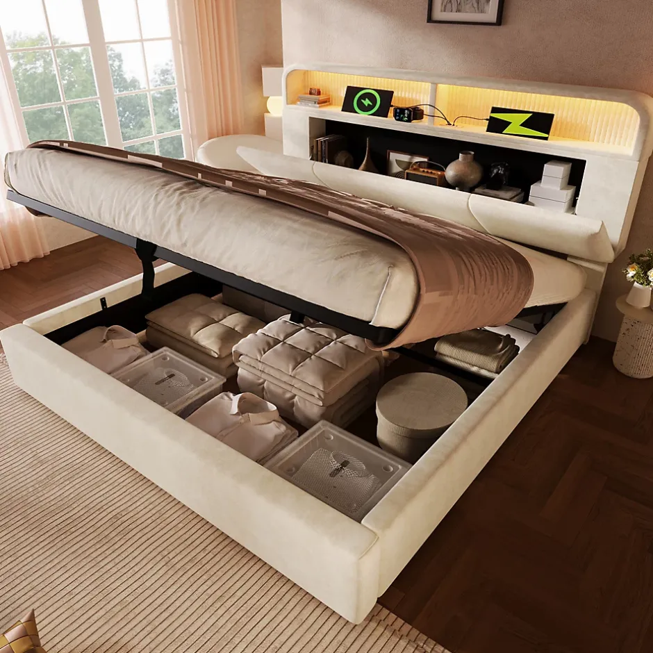 Okwish Lit coffre 180x200 cm double avec LED intégrée, tête de lit réglable, charge USB/Type-C, velours beige - Sans matelas New
