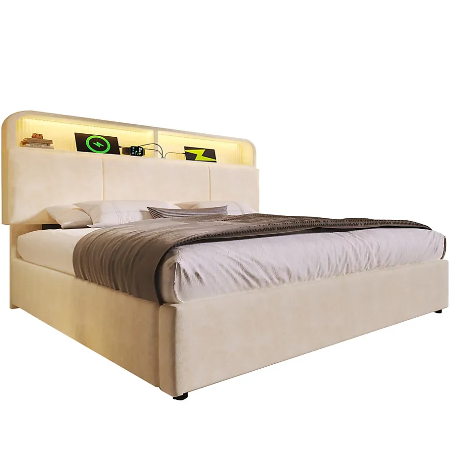Okwish Lit coffre 180x200 cm double avec LED intégrée, tête de lit réglable, charge USB/Type-C, velours beige - Sans matelas New