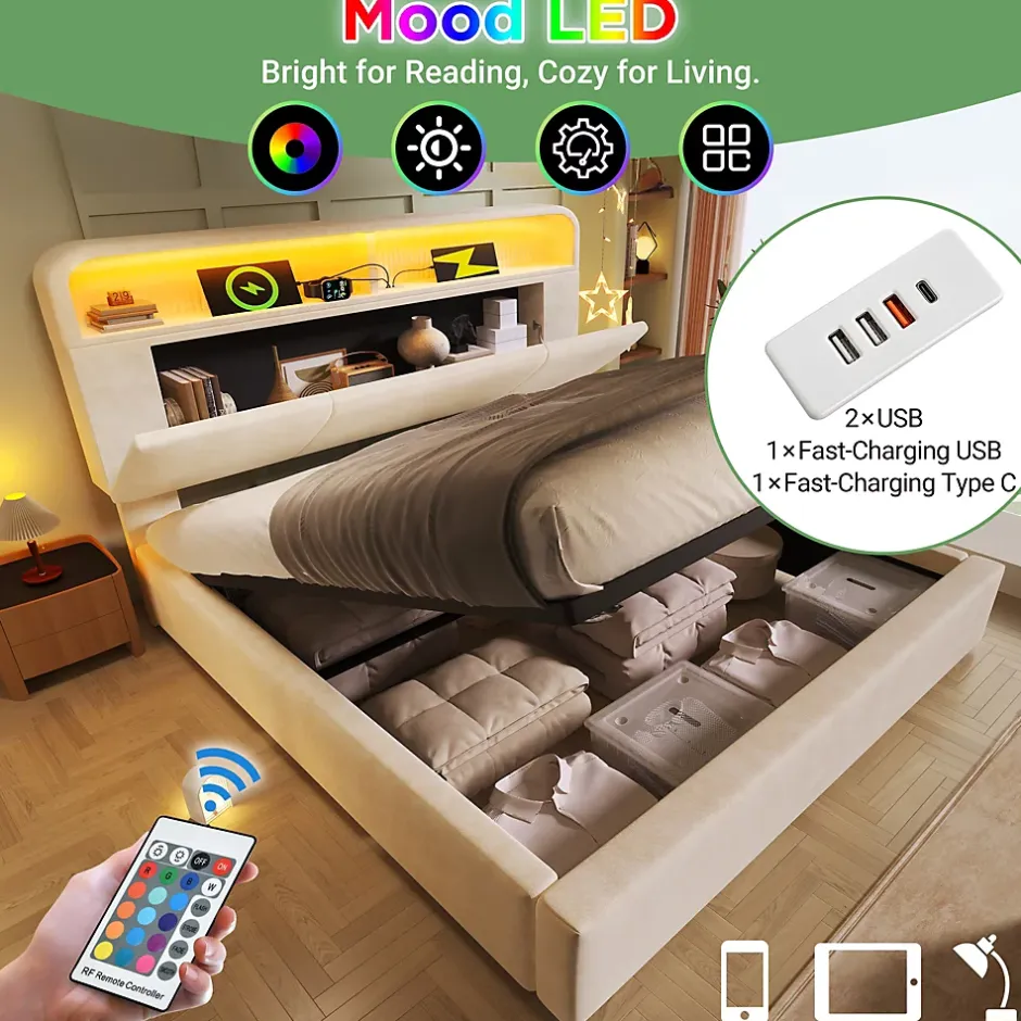 Okwish Lit coffre 180x200 cm double avec LED intégrée, tête de lit réglable, charge USB/Type-C, velours beige - Sans matelas New