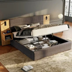 Okwish Lit coffre 180x200 cm double capitonné avec grandes oreilles, 2 tables de nuit, coffre de rangement, velours gris, sans matelas