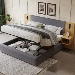 Okwish Lit coffre 180x200 cm double capitonné avec grandes oreilles, 2 tables de nuit, coffre de rangement, velours gris, sans matelas