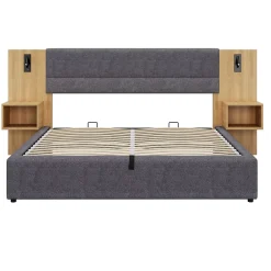 Okwish Lit coffre 180x200 cm double capitonné avec grandes oreilles, 2 tables de nuit, coffre de rangement, velours gris, sans matelas