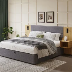 Okwish Lit coffre 180x200 cm double capitonné avec grandes oreilles, 2 tables de nuit, coffre de rangement, velours gris, sans matelas