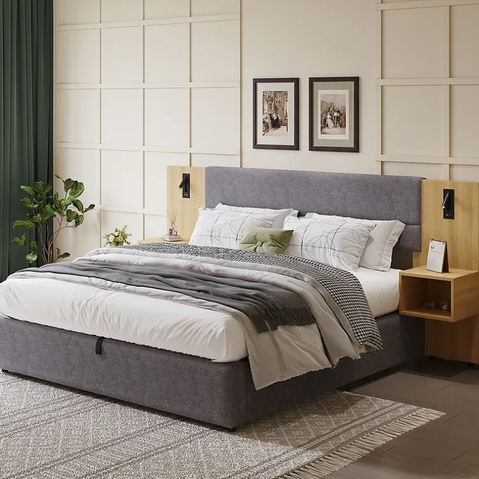 Okwish Lit coffre 180x200 cm double capitonné avec grandes oreilles, 2 tables de nuit, coffre de rangement, velours gris, sans matelas