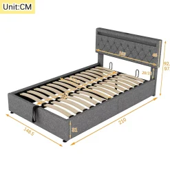 Okwish Lit coffre 140x200 cm double capitonné avec LED télécommande et ports USB-C, structure lin MDF gris, sans matelas Online