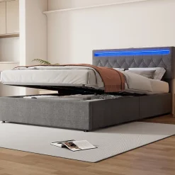 Okwish Lit coffre 140x200 cm double capitonné avec LED télécommande et ports USB-C, structure lin MDF gris, sans matelas Online