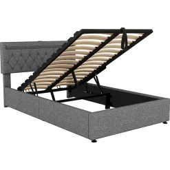Okwish Lit coffre 140x200 cm double capitonné avec LED télécommande et ports USB-C, structure lin MDF gris, sans matelas Online