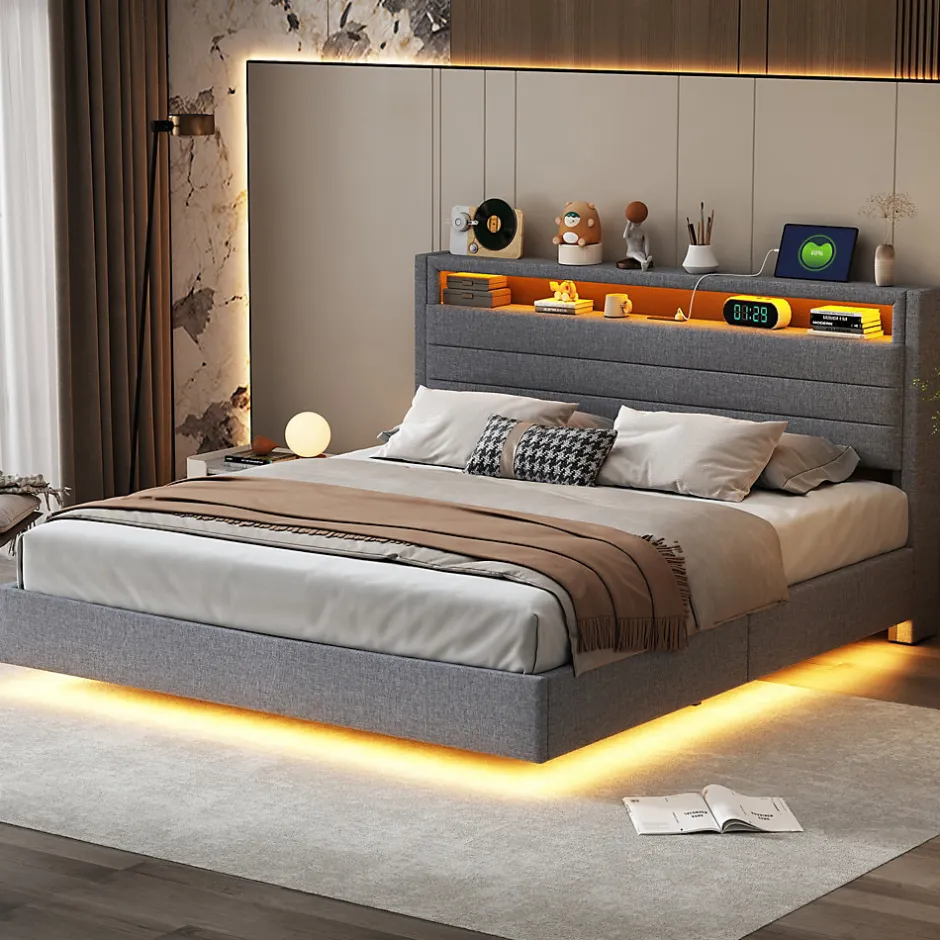 Okwish Lit Coffre 160x200 cm, Double Rembourré en Tissu Lin avec LED et Port USB, Coffre de Rangement Hydraulique - Gris - Sans Matelas