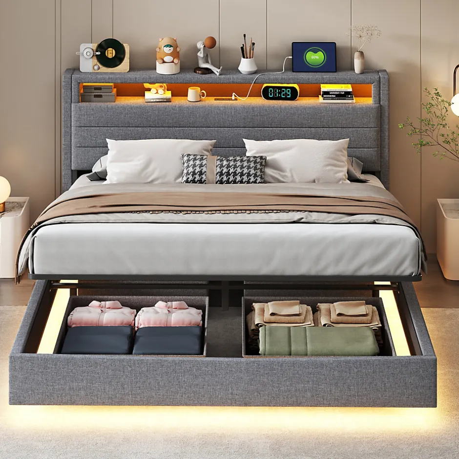 Okwish Lit Coffre 160x200 cm, Double Rembourré en Tissu Lin avec LED et Port USB, Coffre de Rangement Hydraulique - Gris - Sans Matelas