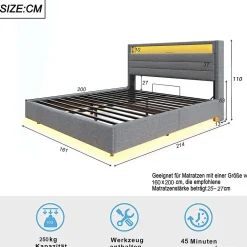 Okwish Lit Coffre 160x200 cm, Double Rembourré en Tissu Lin avec LED et Port USB, Coffre de Rangement Hydraulique - Gris - Sans Matelas