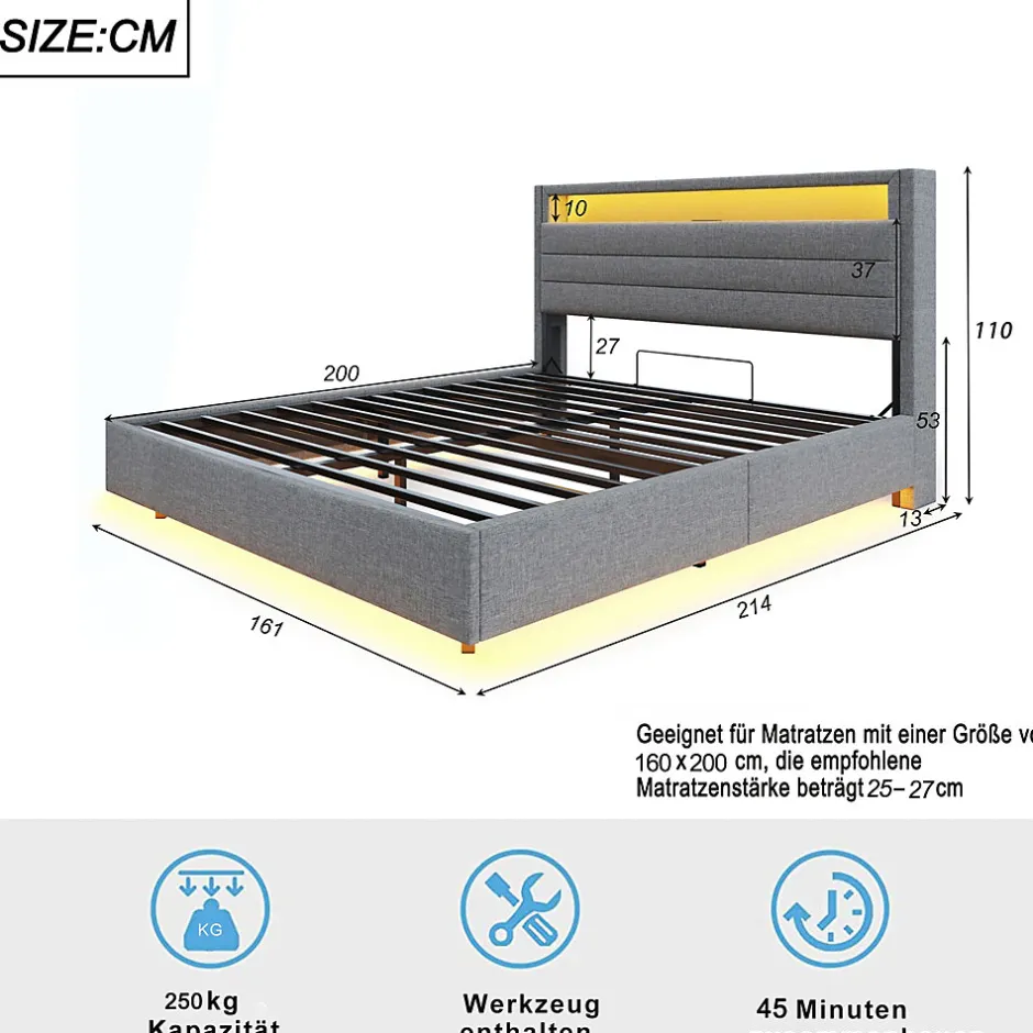 Okwish Lit Coffre 160x200 cm, Double Rembourré en Tissu Lin avec LED et Port USB, Coffre de Rangement Hydraulique - Gris - Sans Matelas