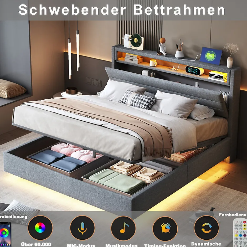 Okwish Lit Coffre 160x200 cm, Double Rembourré en Tissu Lin avec LED et Port USB, Coffre de Rangement Hydraulique - Gris - Sans Matelas
