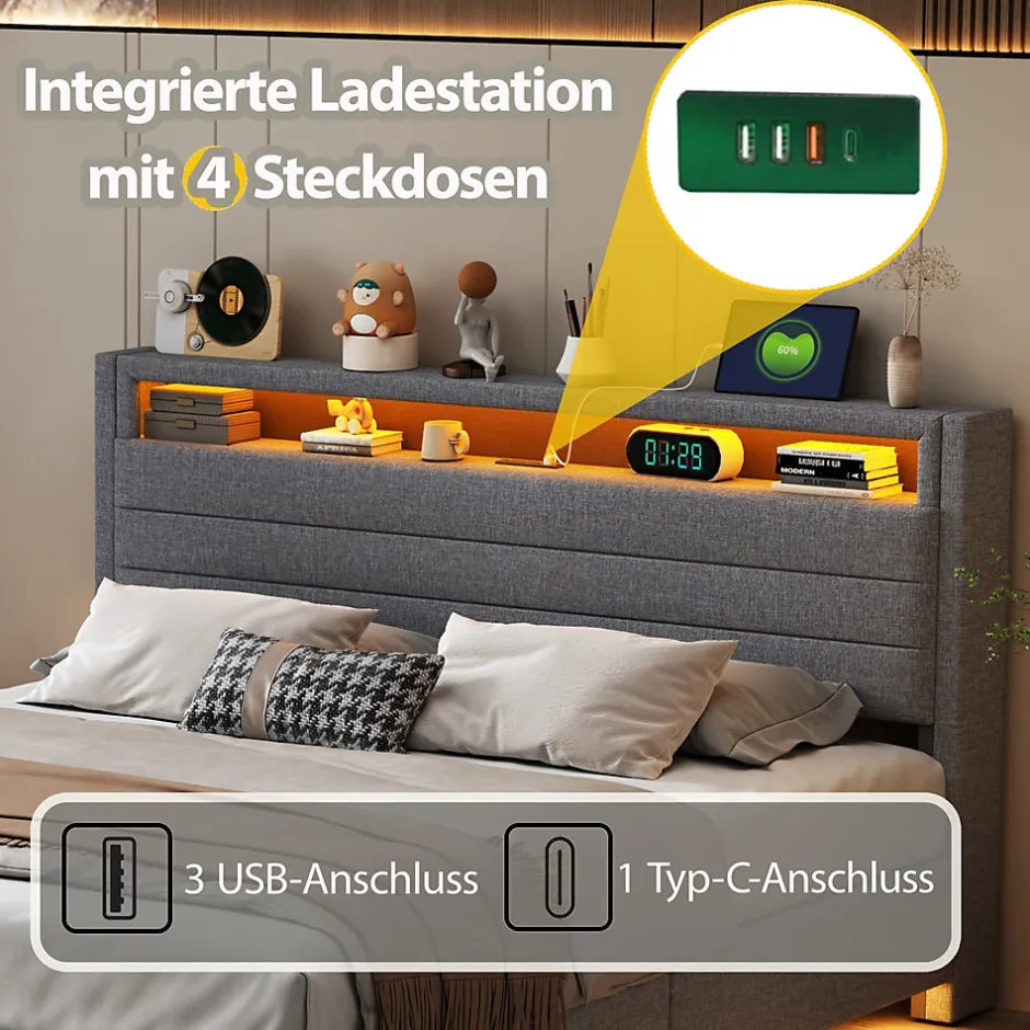 Okwish Lit Coffre 160x200 cm, Double Rembourré en Tissu Lin avec LED et Port USB, Coffre de Rangement Hydraulique - Gris - Sans Matelas