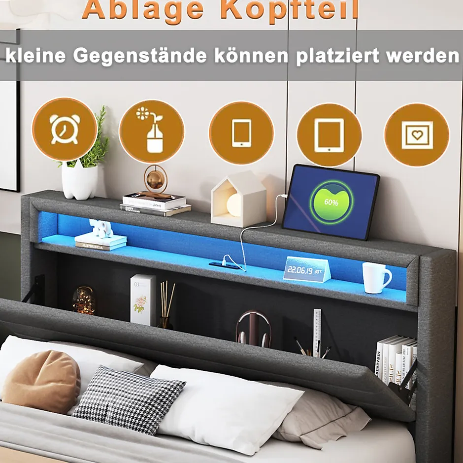 Okwish Lit Coffre 160x200 cm, Double Rembourré en Tissu Lin avec LED et Port USB, Coffre de Rangement Hydraulique - Gris - Sans Matelas