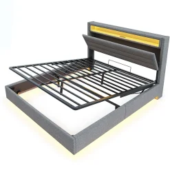 Okwish Lit Coffre 160x200 cm, Double Rembourré en Tissu Lin avec LED et Port USB, Coffre de Rangement Hydraulique - Gris - Sans Matelas