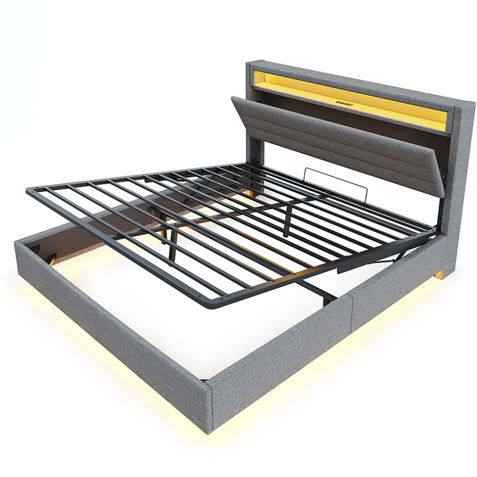 Okwish Lit Coffre 160x200 cm, Double Rembourré en Tissu Lin avec LED et Port USB, Coffre de Rangement Hydraulique - Gris - Sans Matelas