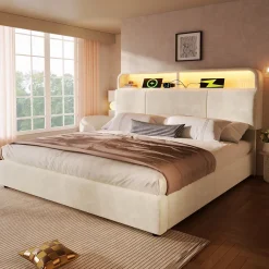 Okwish Lit coffre 140x190 cm double rembourré avec tête de lit réglable, LED intégrée, charge USB/Type-C, velours beige - Sans matelas New