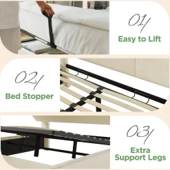 Okwish Lit coffre 140x190 cm double rembourré avec tête de lit réglable, LED intégrée, charge USB/Type-C, velours beige - Sans matelas New