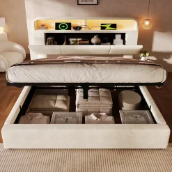 Okwish Lit coffre 140x190 cm double rembourré avec tête de lit réglable, LED intégrée, charge USB/Type-C, velours beige - Sans matelas New