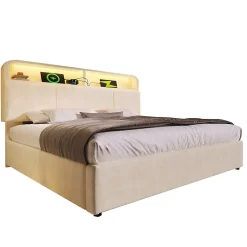 Okwish Lit coffre 140x190 cm double rembourré avec tête de lit réglable, LED intégrée, charge USB/Type-C, velours beige - Sans matelas New