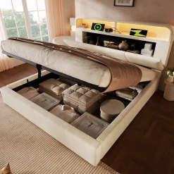 Okwish Lit coffre 140x190 cm double rembourré avec tête de lit réglable, LED intégrée, charge USB/Type-C, velours beige - Sans matelas New