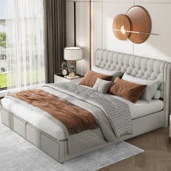 Redom Lit coffre 160x200 cm en lin-coton, tête 102,5 cm, clous décoratifs, rangement intégré, sans matelas, gris Online