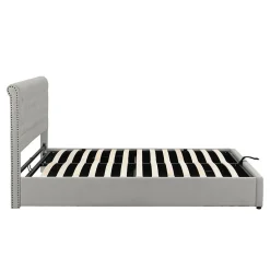 Redom Lit coffre 160x200 cm en lin-coton, tête 102,5 cm, clous décoratifs, rangement intégré, sans matelas, gris Online