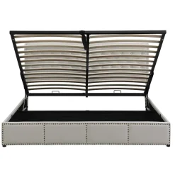 Redom Lit coffre 160x200 cm en lin-coton, tête 102,5 cm, clous décoratifs, rangement intégré, sans matelas, gris Online