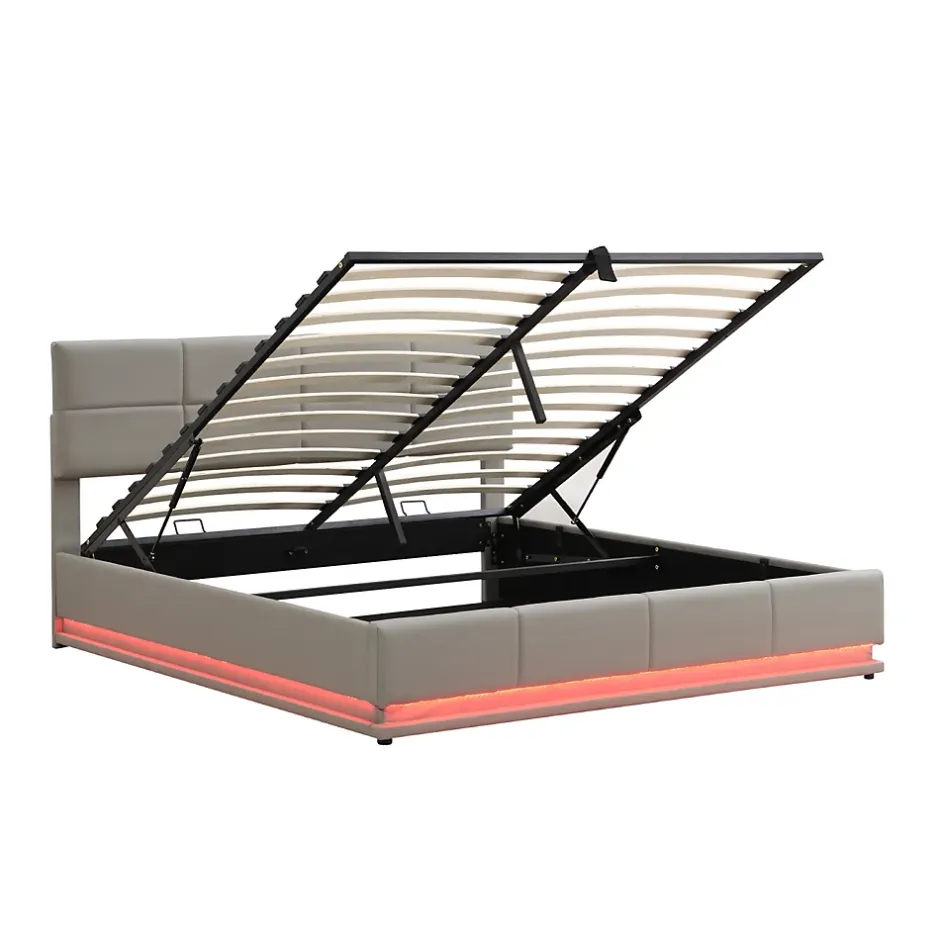 ProximaX Lit coffre 180x200 cm en simili cuir PU gris clair, LED, capitonné, relevable hydraulique avec sommier à lattes et tête de lit Hot