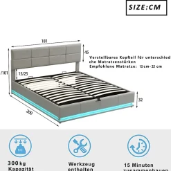 ProximaX Lit coffre 180x200 cm en simili cuir PU gris clair, LED, capitonné, relevable hydraulique avec sommier à lattes et tête de lit Hot