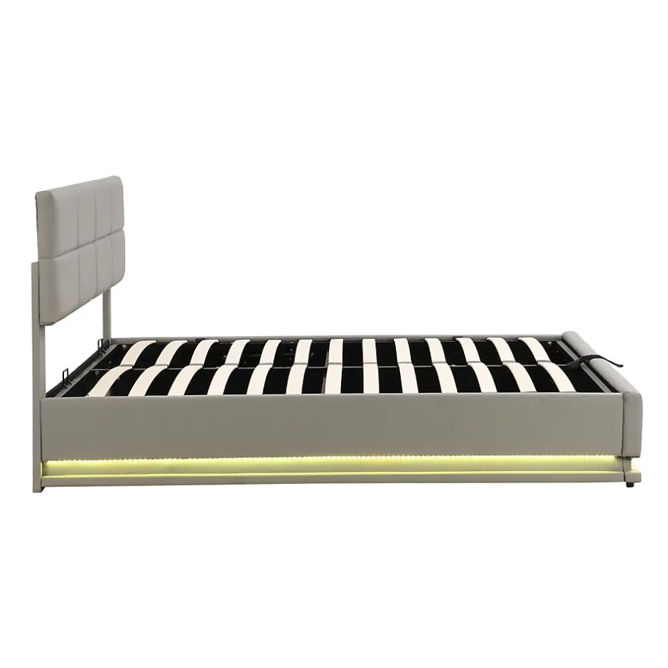 ProximaX Lit coffre 180x200 cm en simili cuir PU gris clair, LED, capitonné, relevable hydraulique avec sommier à lattes et tête de lit Hot