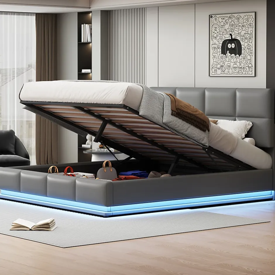 ProximaX Lit coffre 180x200 cm en simili cuir PU gris clair, LED, capitonné, relevable hydraulique avec sommier à lattes et tête de lit Hot