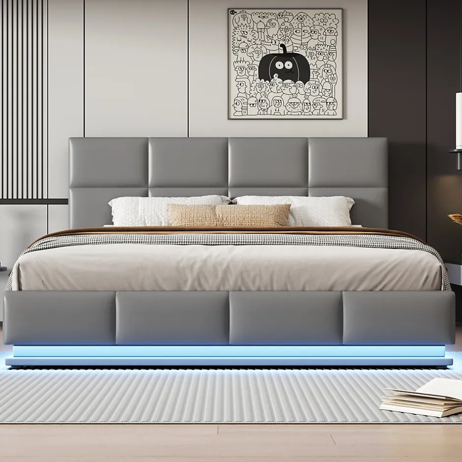 ProximaX Lit coffre 180x200 cm en simili cuir PU gris clair, LED, capitonné, relevable hydraulique avec sommier à lattes et tête de lit Hot