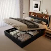 ProximaX Lit coffre 160x200 cm en simili cuir noir et chêne clair, tête de lit avec rangements, prises USB et bandes LED Hot